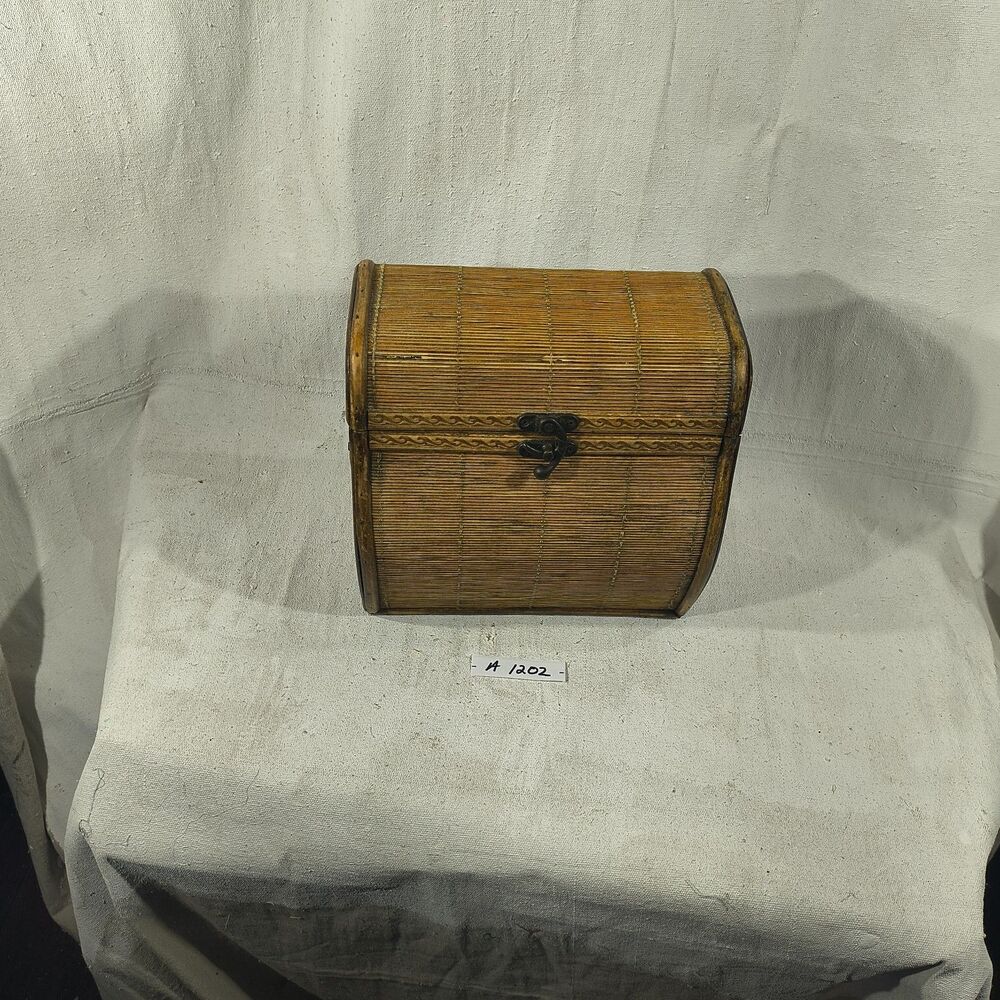 Vintage Woven Bamboo Rattan Small Table Top Storage Trunk